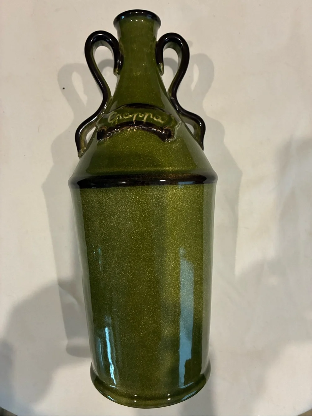 Neiman Marcus Olive Green Glazed Ceramic Vase Base w/Grappa on Front of Vessel